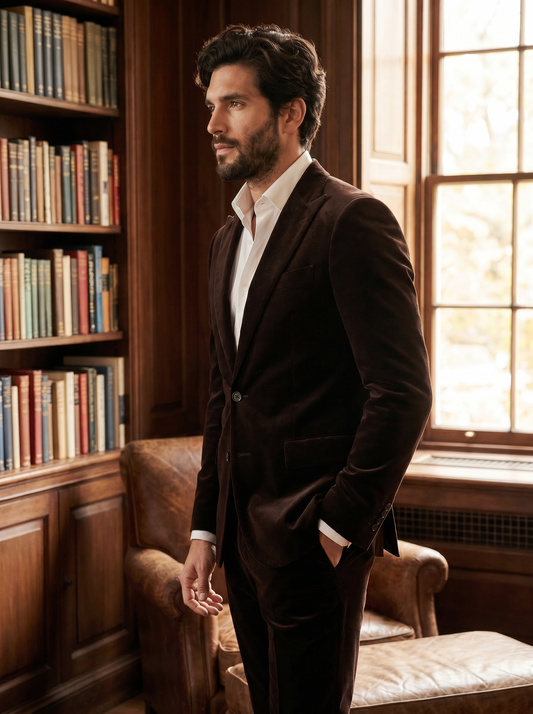 Espresso Velvet Groomsmen Suit — Custom Made to Measure - side view