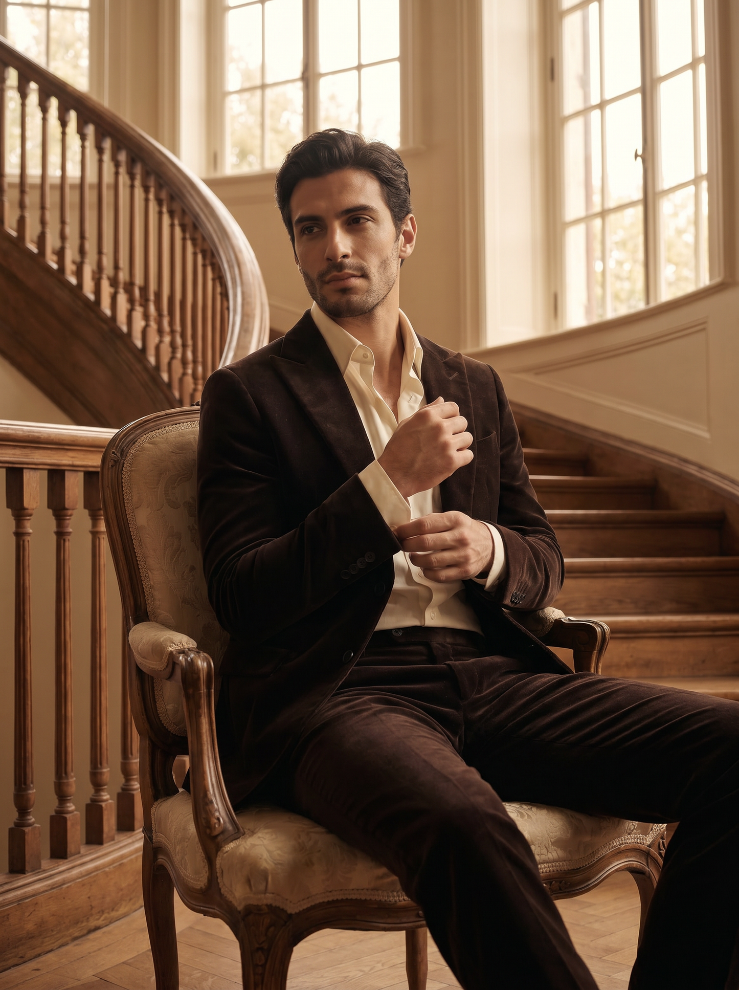 Espresso Velvet Suit — Custom Made to Measure - seated view