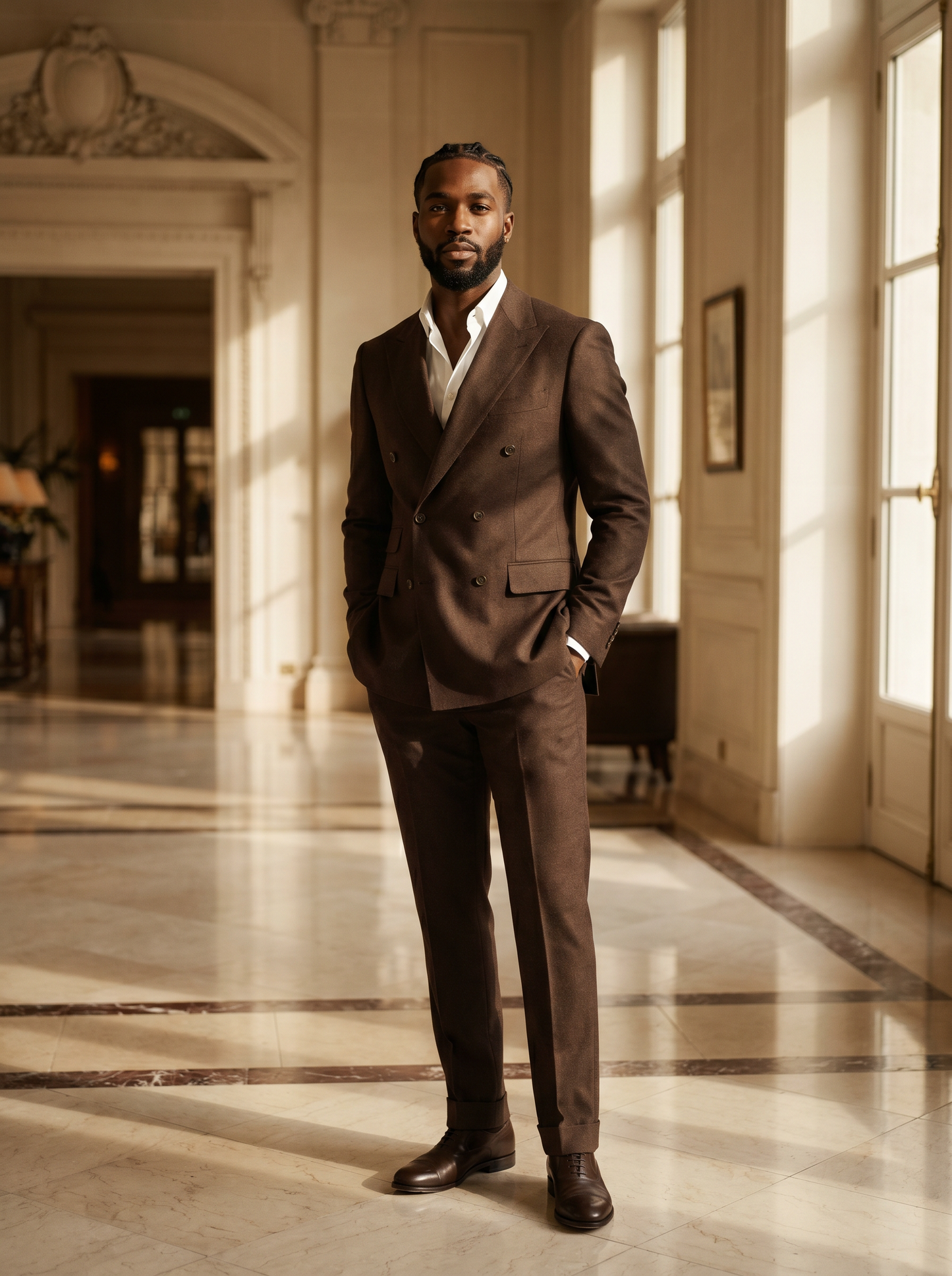 Espresso Wool Double Breasted Suit — Custom Made to Measure - front view