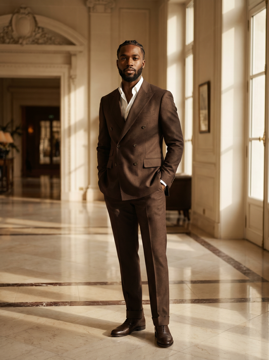 Espresso Wool Double Breasted Suit — Custom Made to Measure - front view