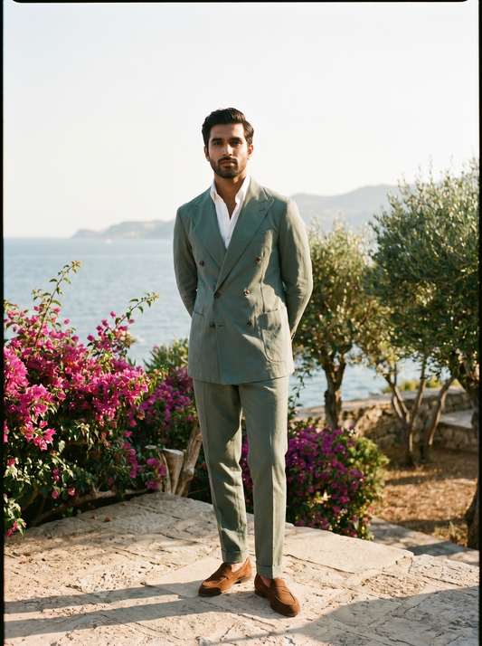 Eucalyptus Green Cotton Double Breasted Suit — Custom Made to Measure - front view
