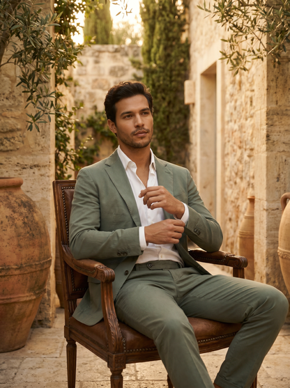 Eucalyptus Green Cotton Suit — Custom Made to Measure - seated view