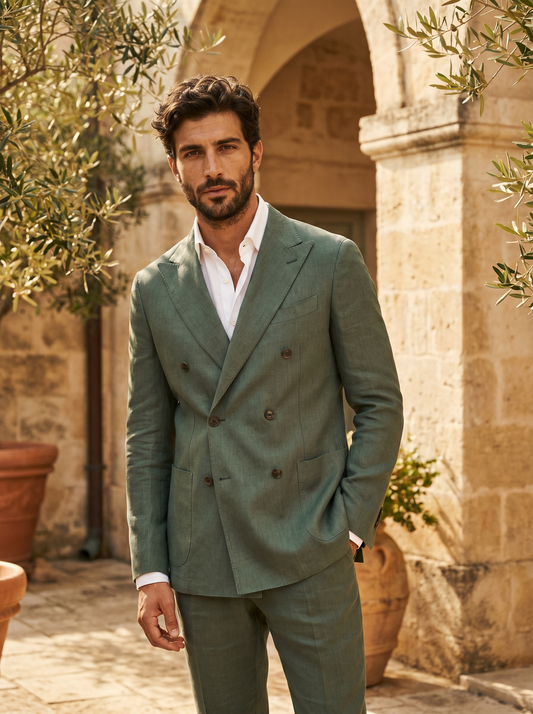 Eucalyptus Green Linen Double Breasted Suit — Custom Made to Measure - front view