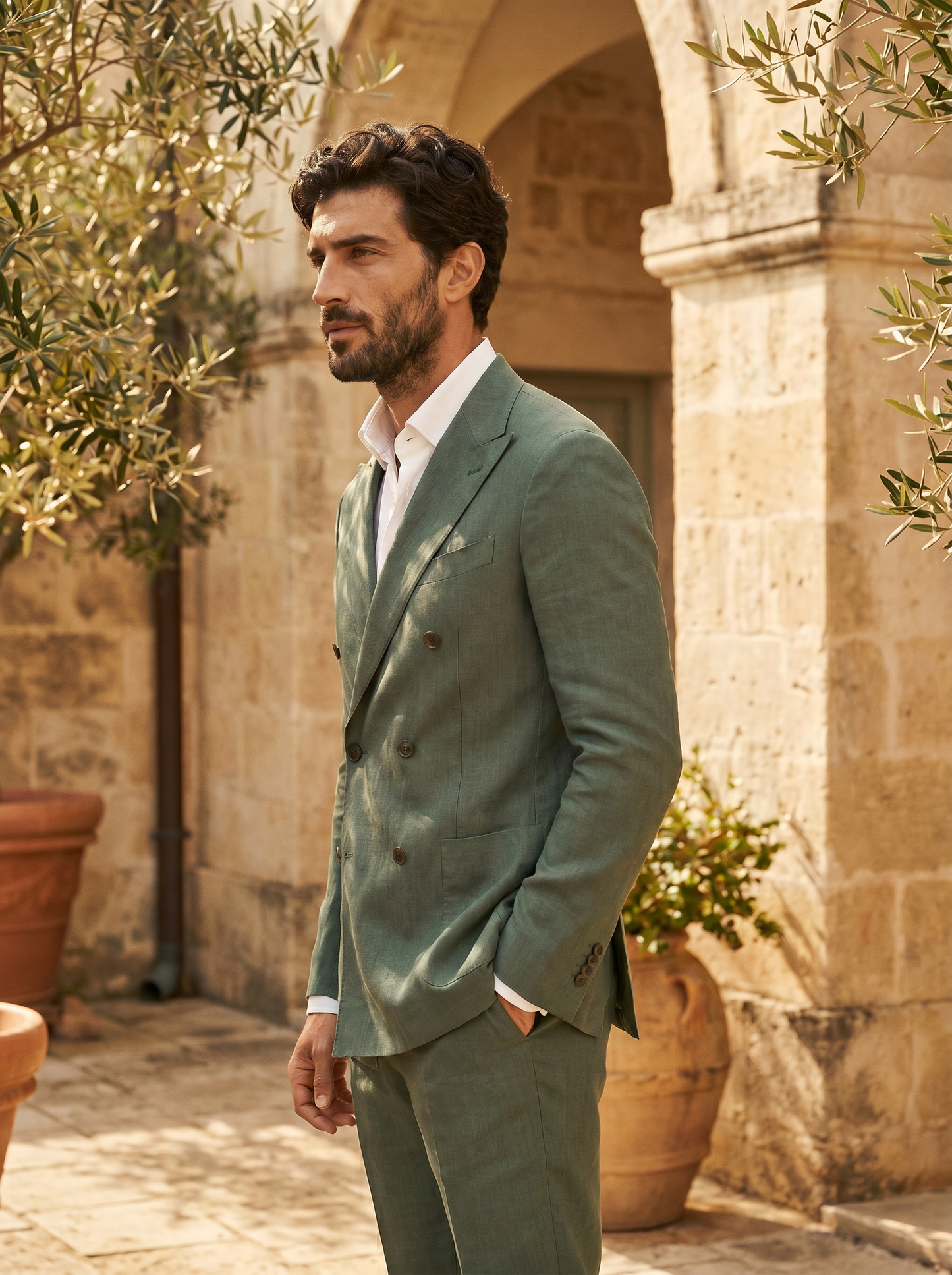 Eucalyptus Green Linen Double Breasted Suit — Custom Made to Measure - side view