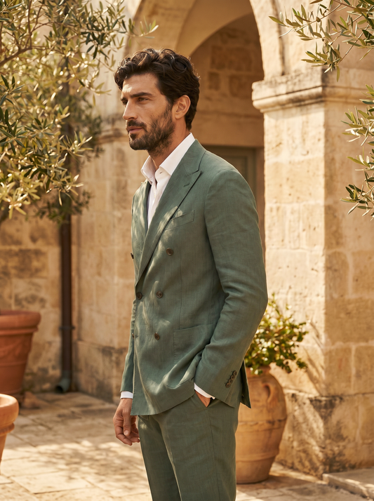 Eucalyptus Green Linen Double Breasted Suit — Custom Made to Measure - side view