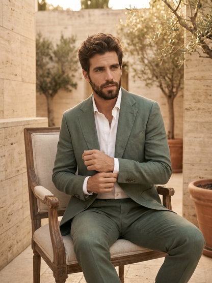 Eucalyptus Green Linen Groomsmen Suit — Custom Made to Measure - seated view