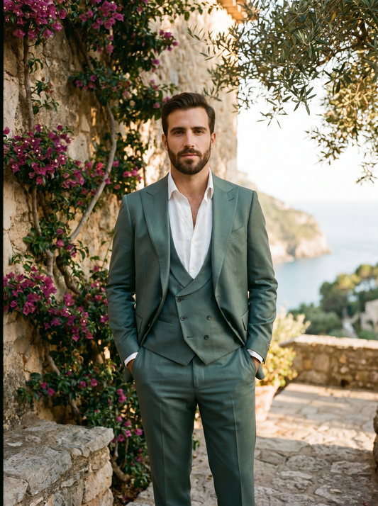Eucalyptus Green Silk Blend 3-Piece Suit — Custom Made to Measure - front view