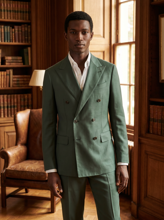 Eucalyptus Green Silk Blend Double Breasted Suit — Custom Made to Measure - front view