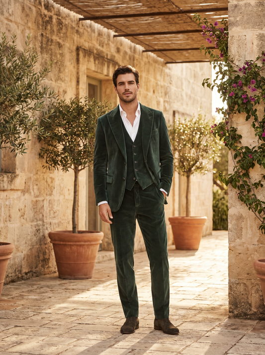 Eucalyptus Green Velvet 3-Piece Suit — Custom Made to Measure - front view