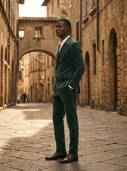 Eucalyptus Green Velvet Double Breasted Suit — Custom Made to Measure - side view