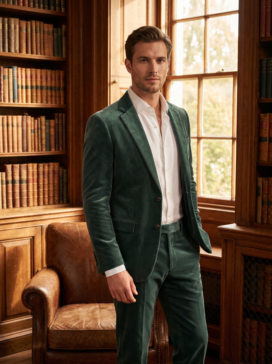 Eucalyptus Green Velvet Groomsmen Suit — Custom Made to Measure - front view