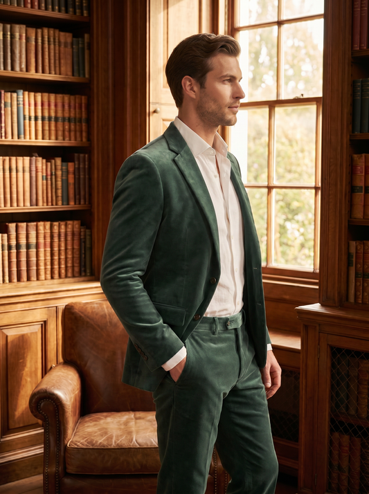 Eucalyptus Green Velvet Groomsmen Suit — Custom Made to Measure - side view