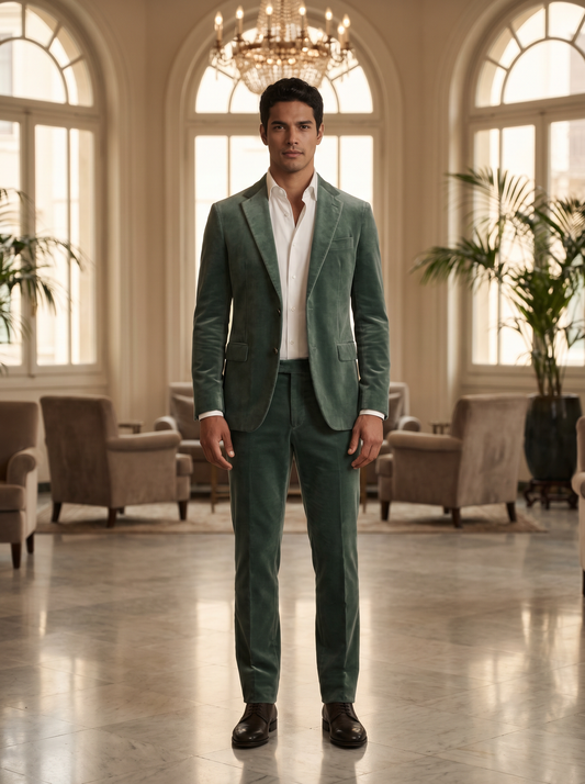 Eucalyptus Green Velvet Suit — Custom Made to Measure - front view