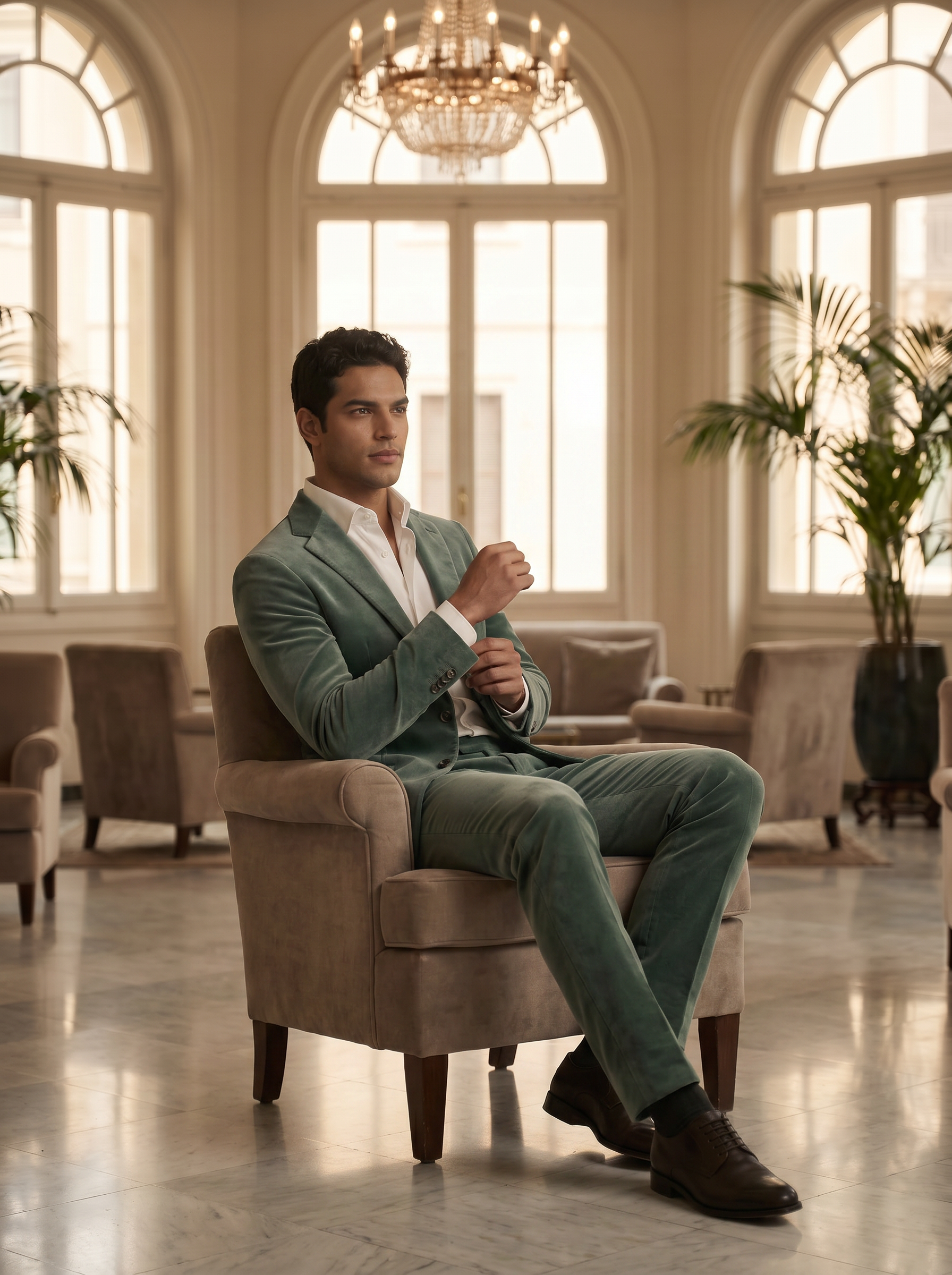 Eucalyptus Green Velvet Suit — Custom Made to Measure - seated view