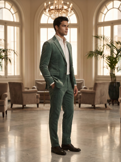 Eucalyptus Green Velvet Suit — Custom Made to Measure - side view
