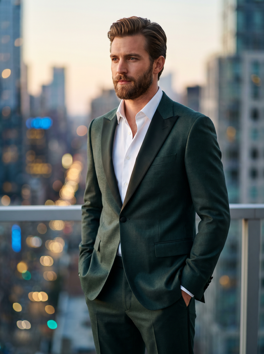 Eucalyptus Green Wool Black Tie Suit — Custom Made to Measure - front view