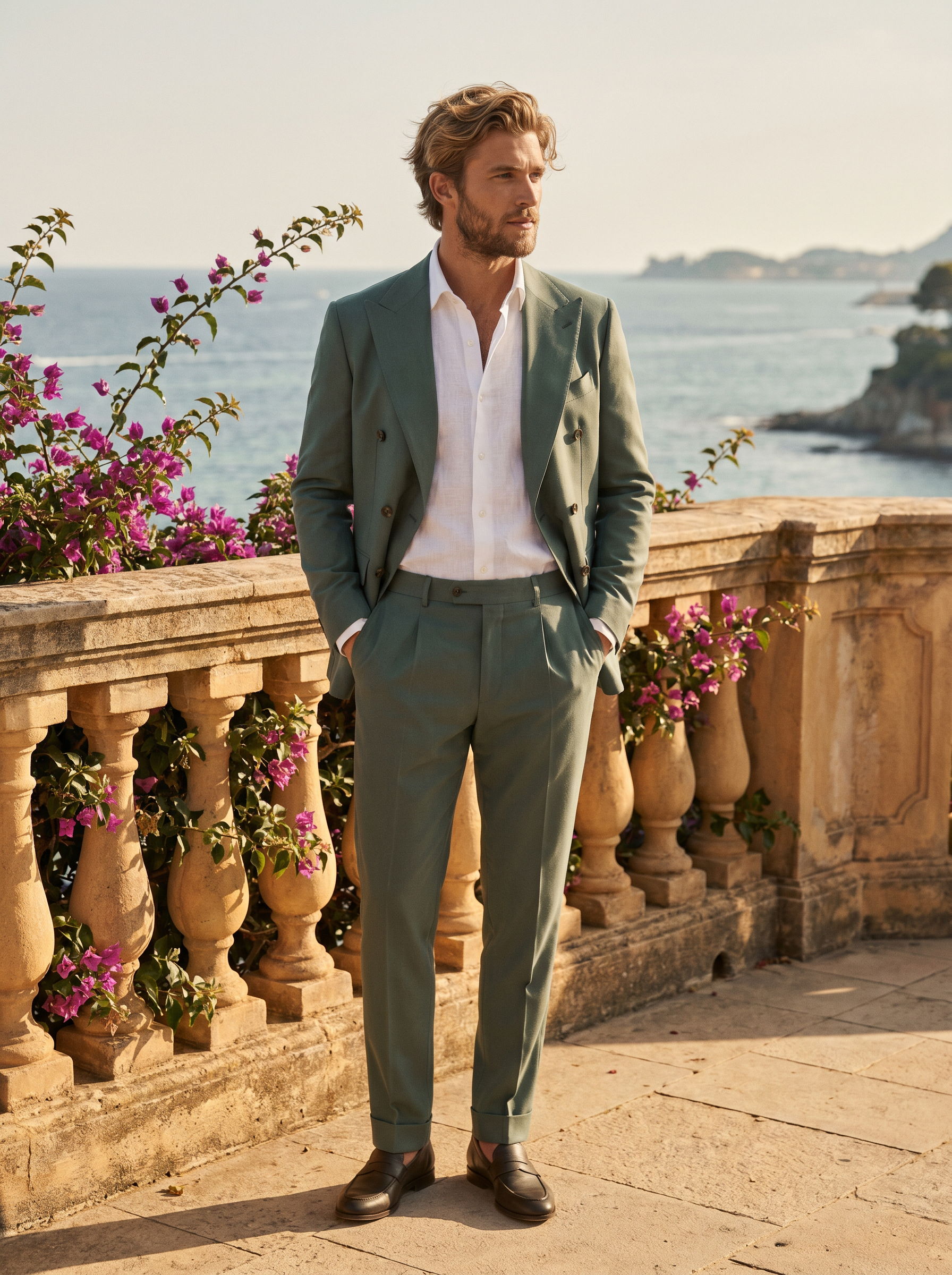 Eucalyptus Green Wool Double Breasted Suit — Custom Made to Measure - front view