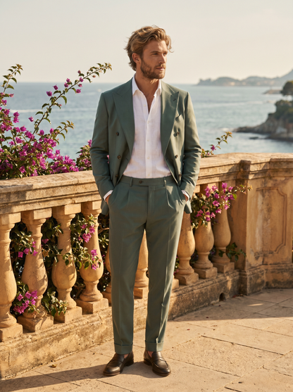 Eucalyptus Green Wool Double Breasted Suit — Custom Made to Measure - front view