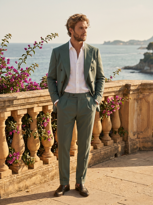Eucalyptus Green Wool Double Breasted Suit — Custom Made to Measure - front view