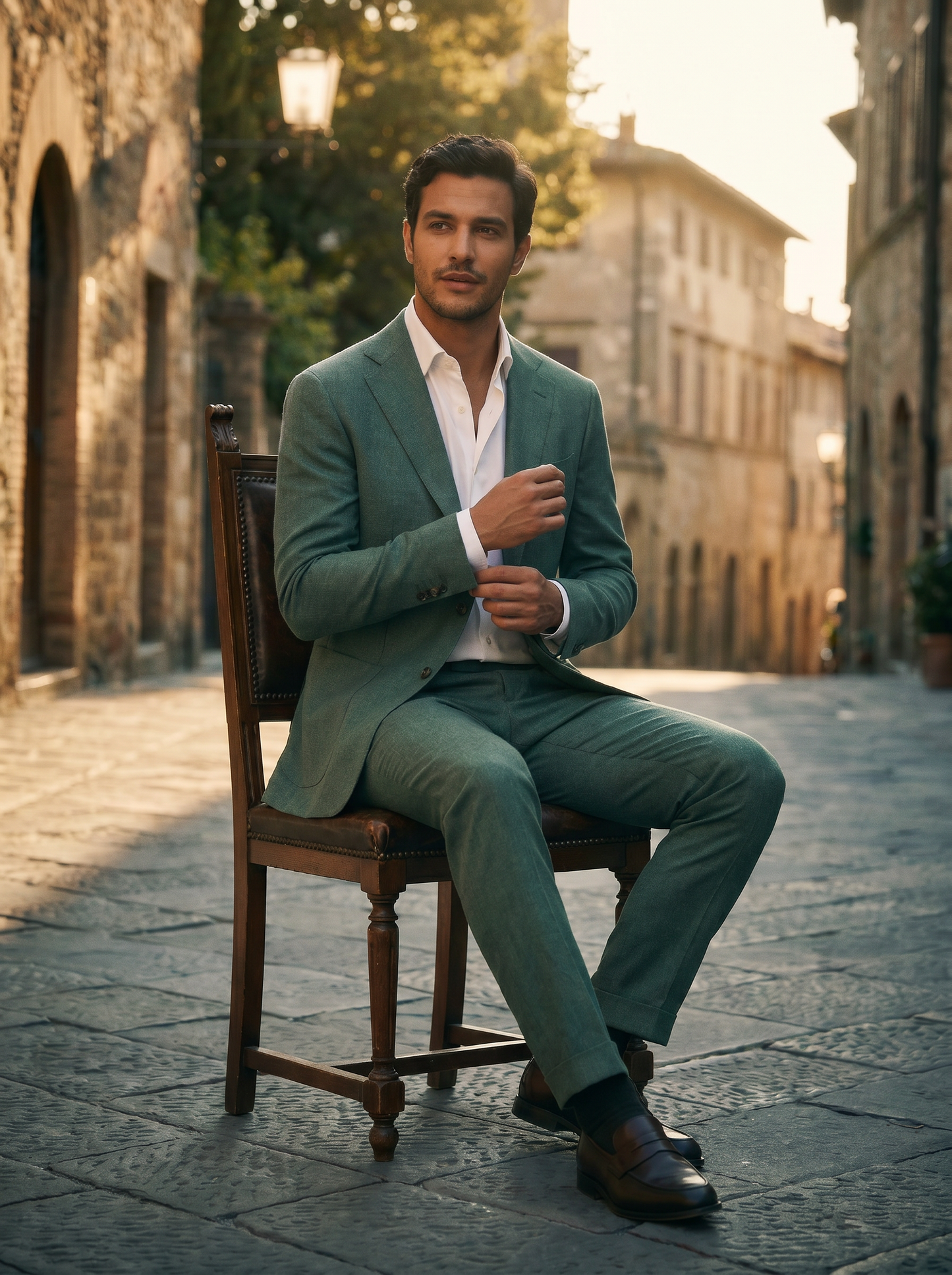 Eucalyptus Green Wool Suit — Custom Made to Measure - seated view
