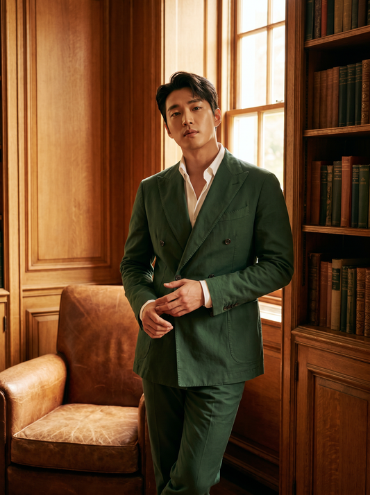 Forest Green Cotton Double Breasted Suit — Custom Made to Measure - front view