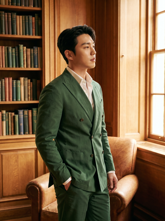 Forest Green Cotton Double Breasted Suit — Custom Made to Measure - side view