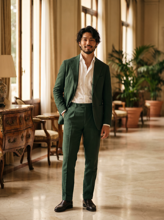Forest Green Cotton Groomsmen Suit — Custom Made to Measure - front view