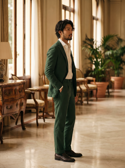 Forest Green Cotton Groomsmen Suit — Custom Made to Measure - side view