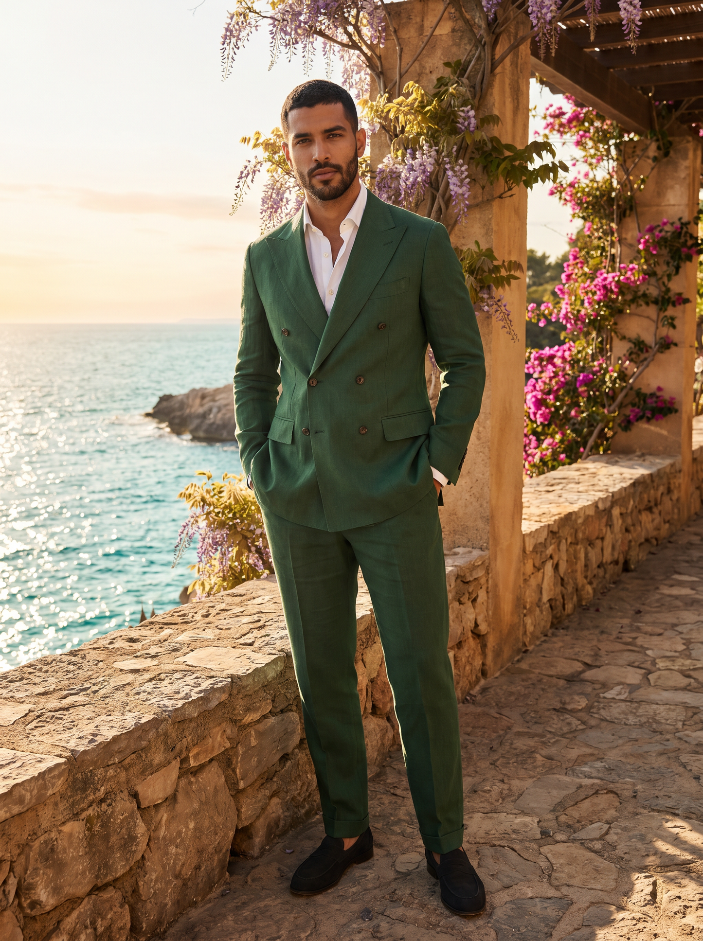 Forest Green Linen Double Breasted Suit — Custom Made to Measure - front view
