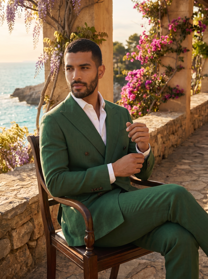 Forest Green Linen Double Breasted Suit — Custom Made to Measure - seated view