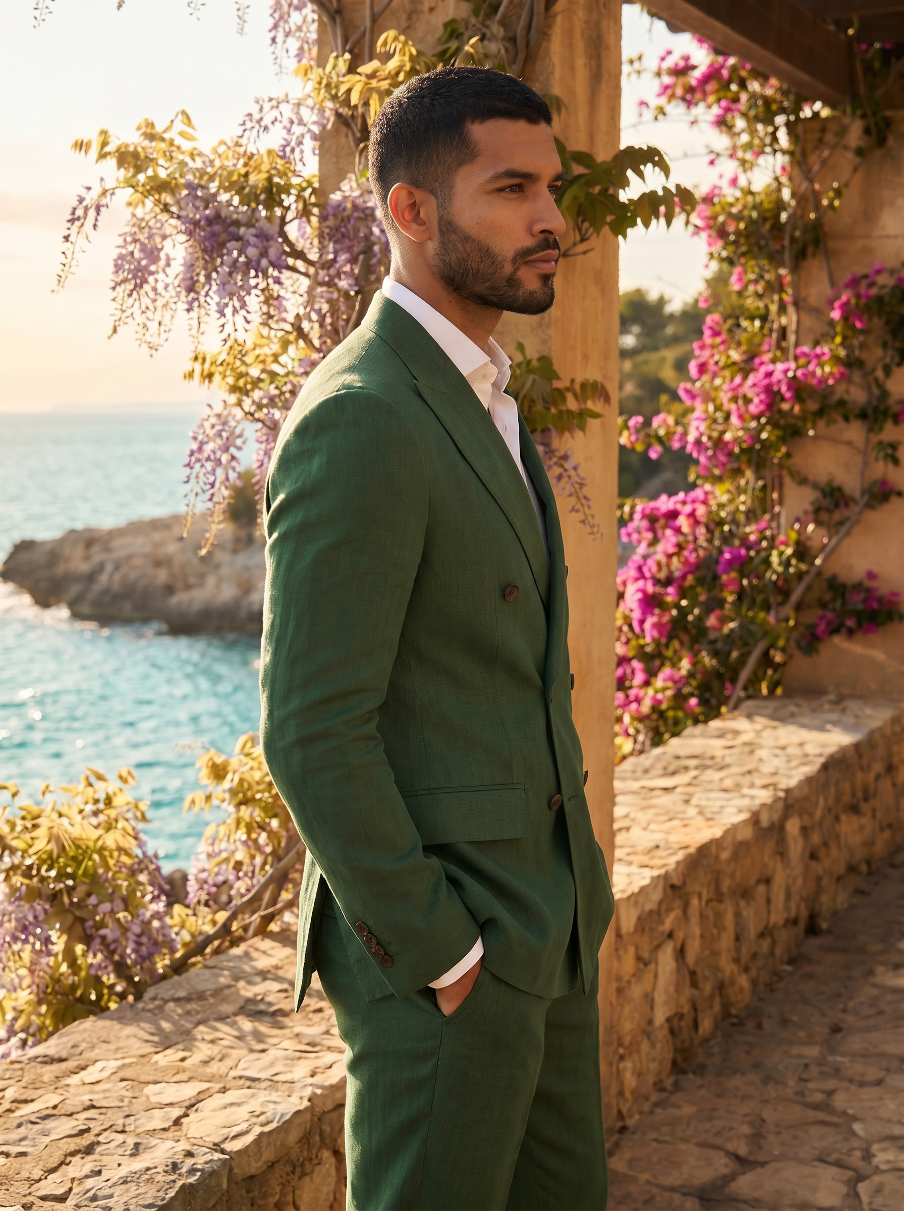 Forest Green Linen Double Breasted Suit — Custom Made to Measure - side view