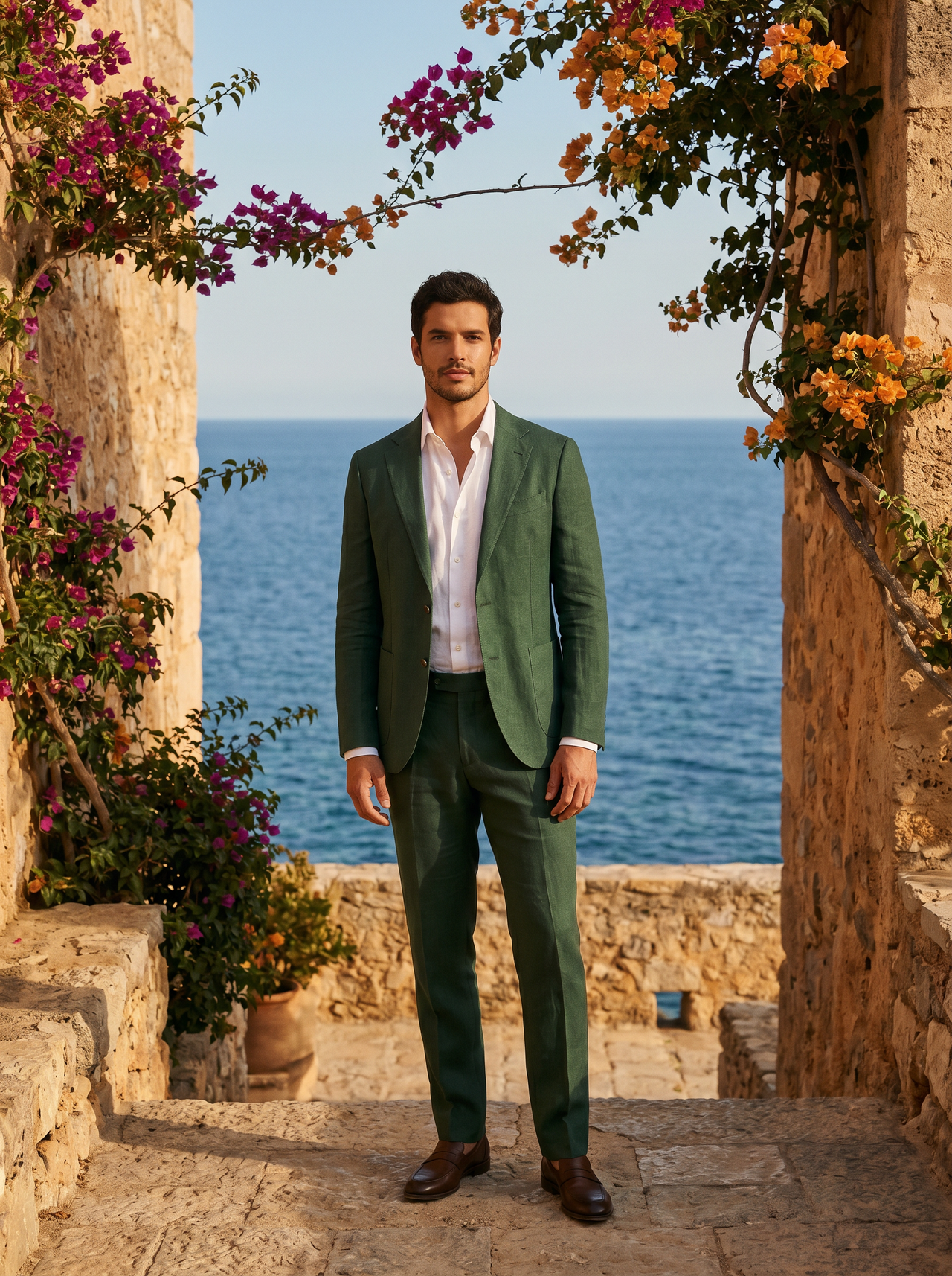 Forest Green Linen Groomsmen Suit — Custom Made to Measure - front view
