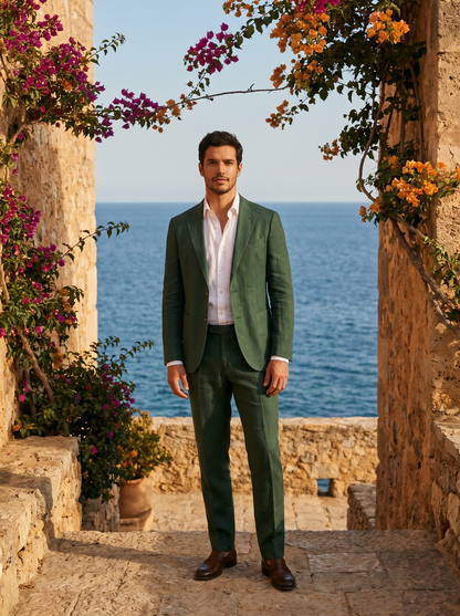Forest Green Linen Groomsmen Suit — Custom Made to Measure - front view