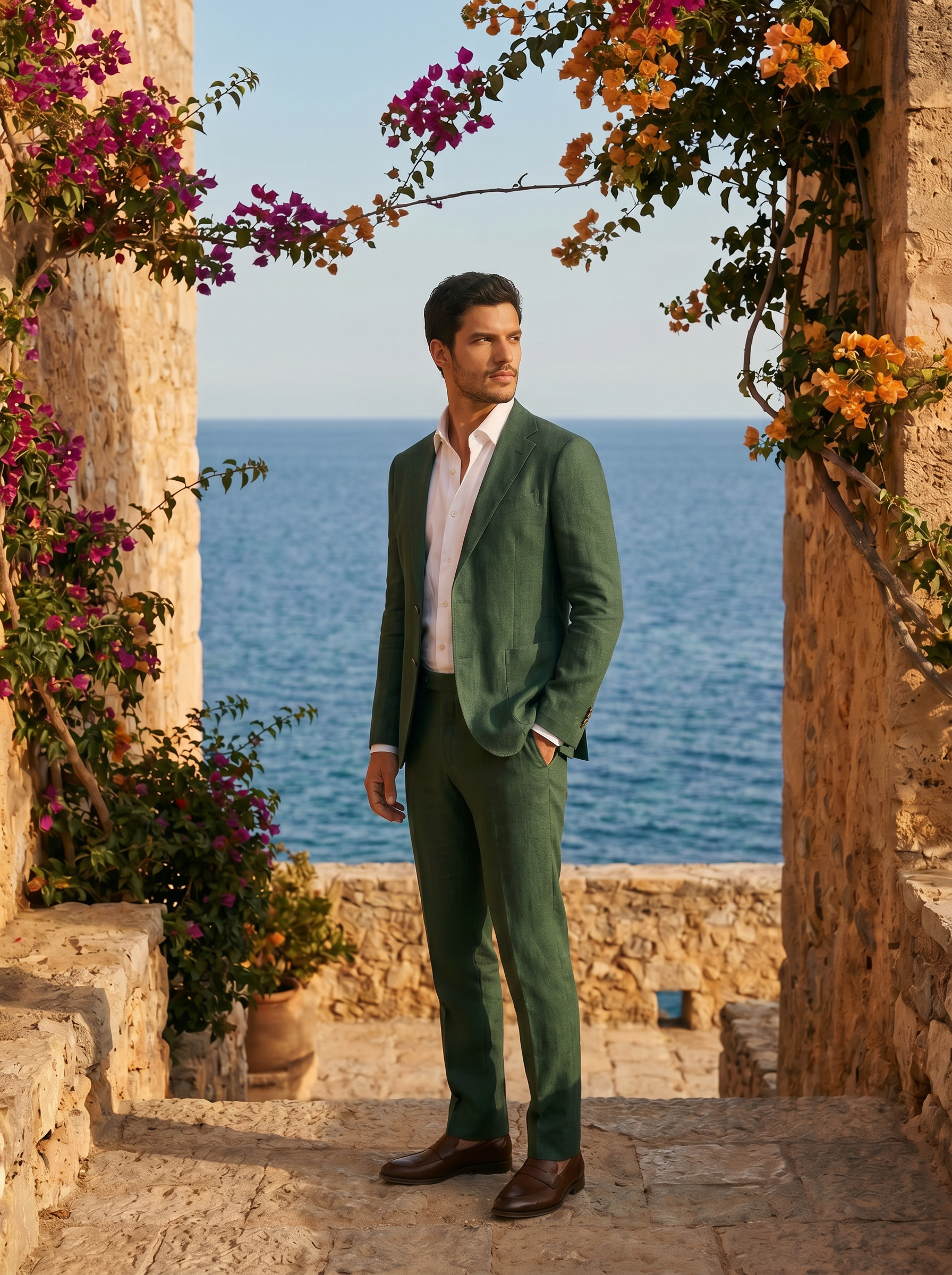 Forest Green Linen Groomsmen Suit — Custom Made to Measure - side view
