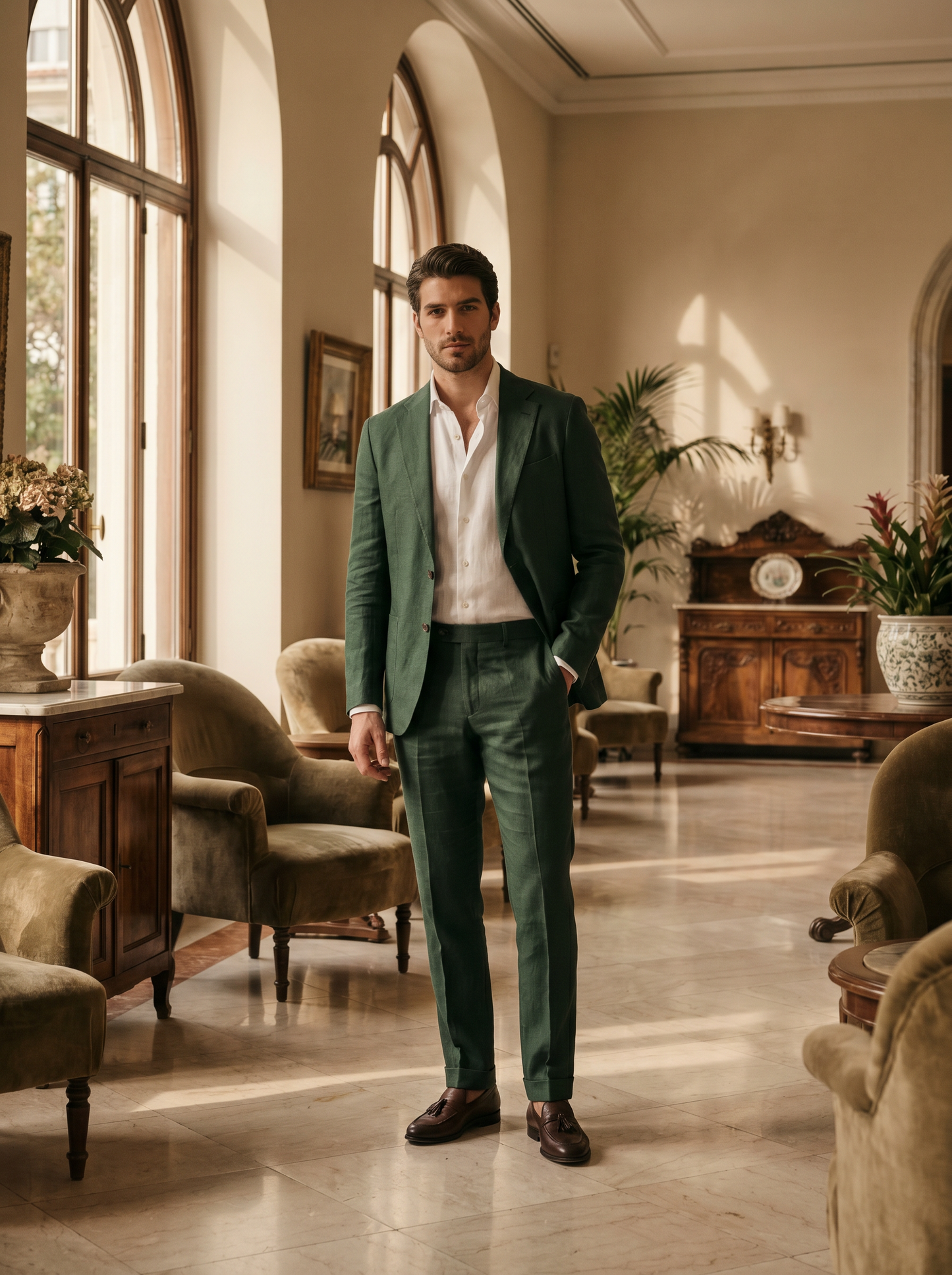Forest Green Linen Suit — Custom Made to Measure - front view