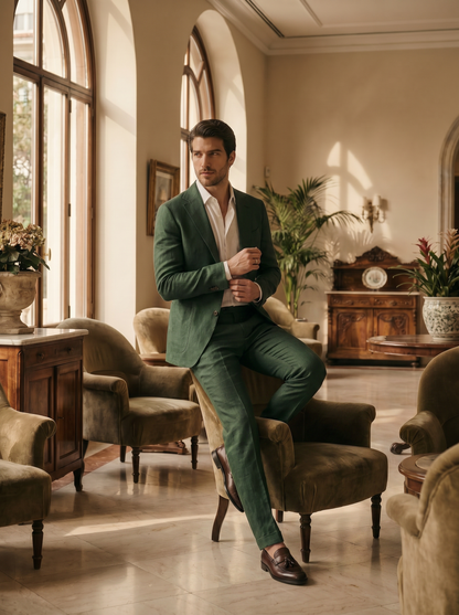 Forest Green Linen Suit — Custom Made to Measure - seated view