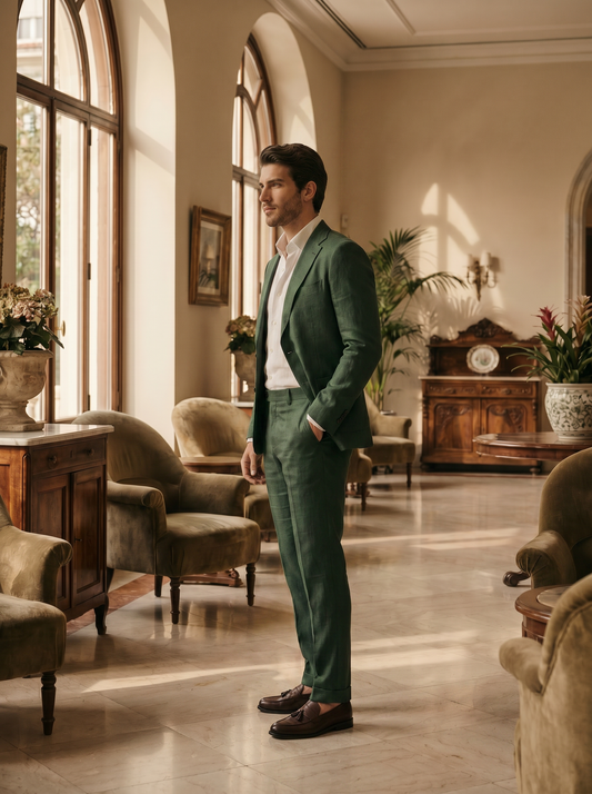 Forest Green Linen Suit — Custom Made to Measure - side view