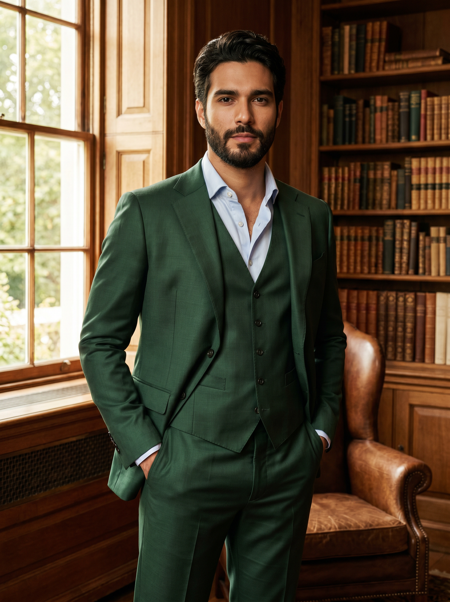 Forest Green Silk Blend 3-Piece Suit — Custom Made to Measure - front view