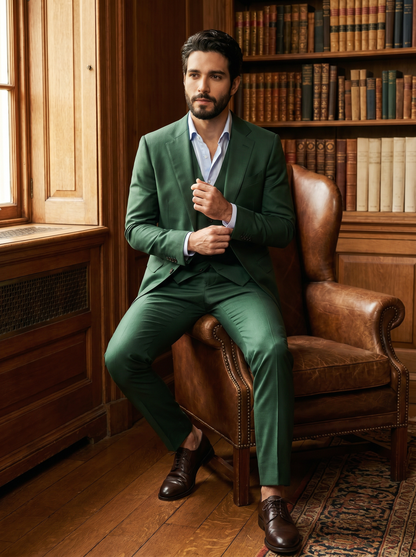 Forest Green Silk Blend 3-Piece Suit — Custom Made to Measure - seated view