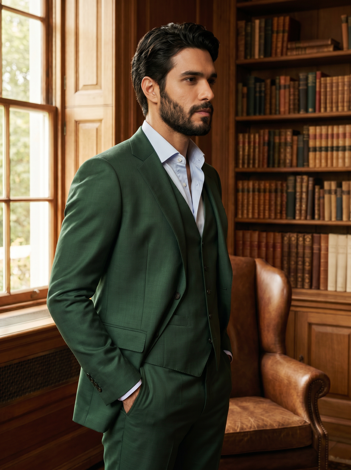 Forest Green Silk Blend 3-Piece Suit — Custom Made to Measure - side view