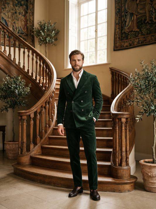 Forest Green Velvet Double Breasted Suit — Custom Made to Measure - front view