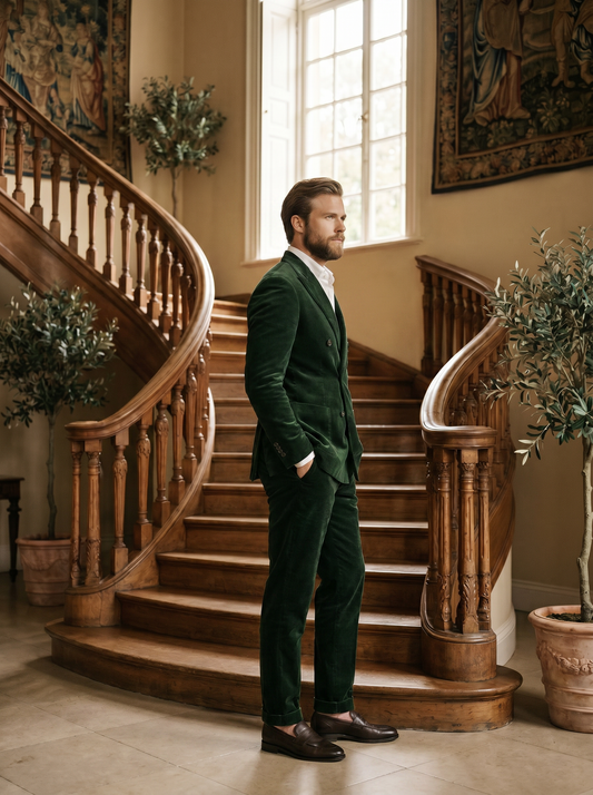 Forest Green Velvet Double Breasted Suit — Custom Made to Measure - side view