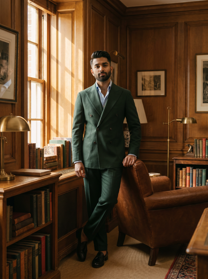 Forest Green Wool Double Breasted Suit — Custom Made to Measure - front view