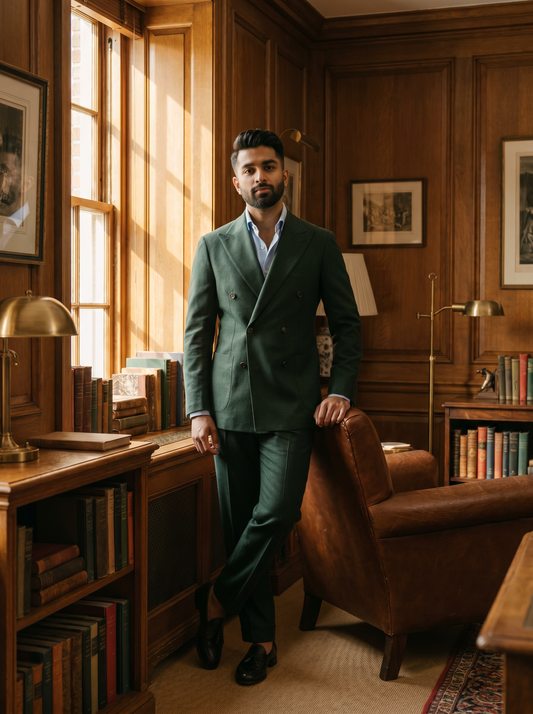 Forest Green Wool Double Breasted Suit — Custom Made to Measure - front view