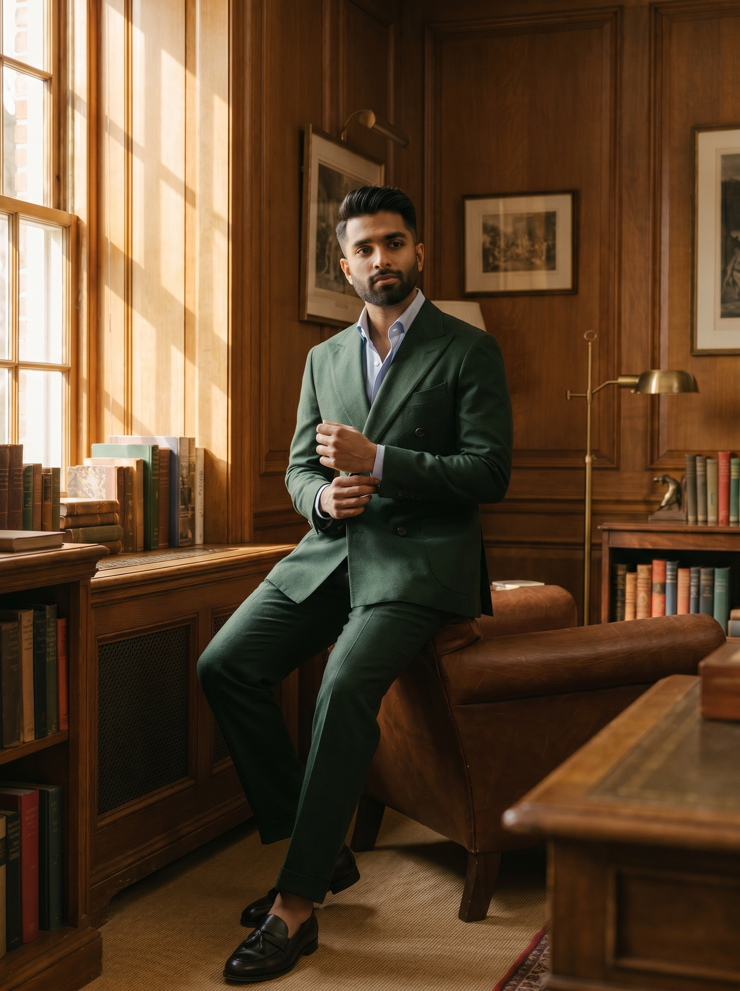Forest Green Wool Double Breasted Suit — Custom Made to Measure - seated view