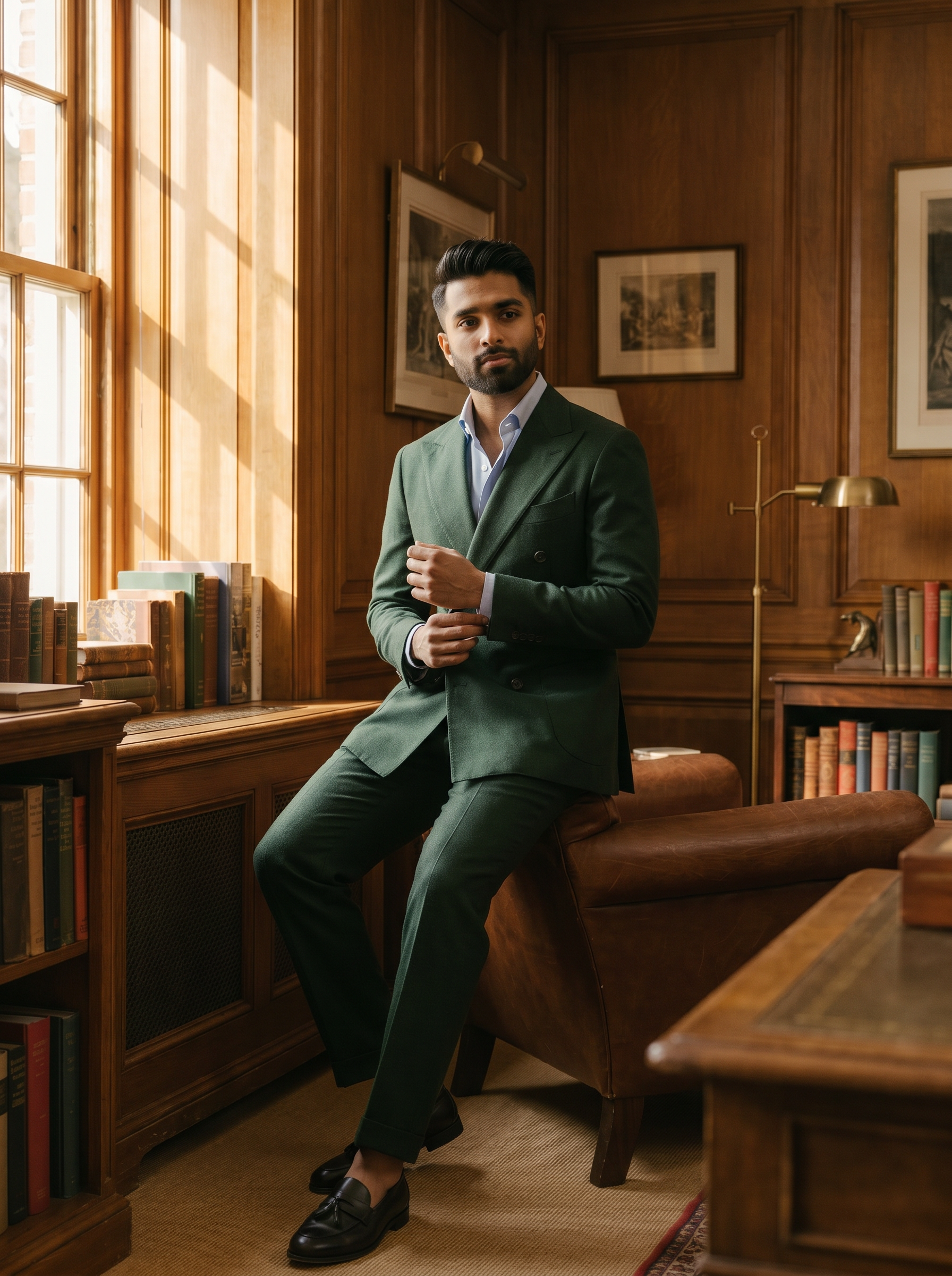 Forest Green Wool Double Breasted Suit — Custom Made to Measure - seated view