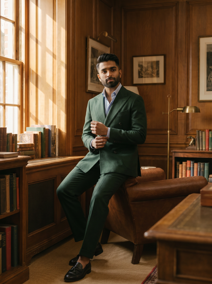 Forest Green Wool Double Breasted Suit — Custom Made to Measure - seated view