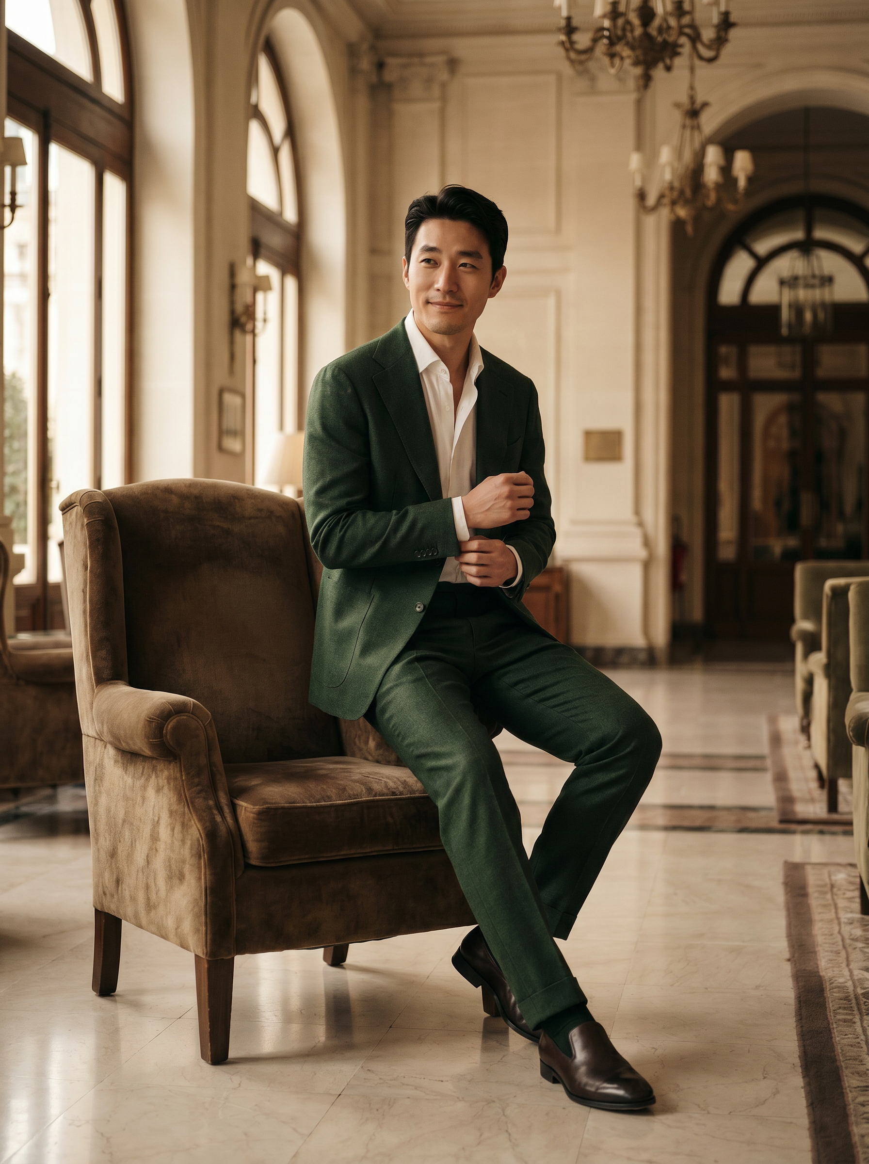 Forest Green Wool Groomsmen Suit — Custom Made to Measure - seated view