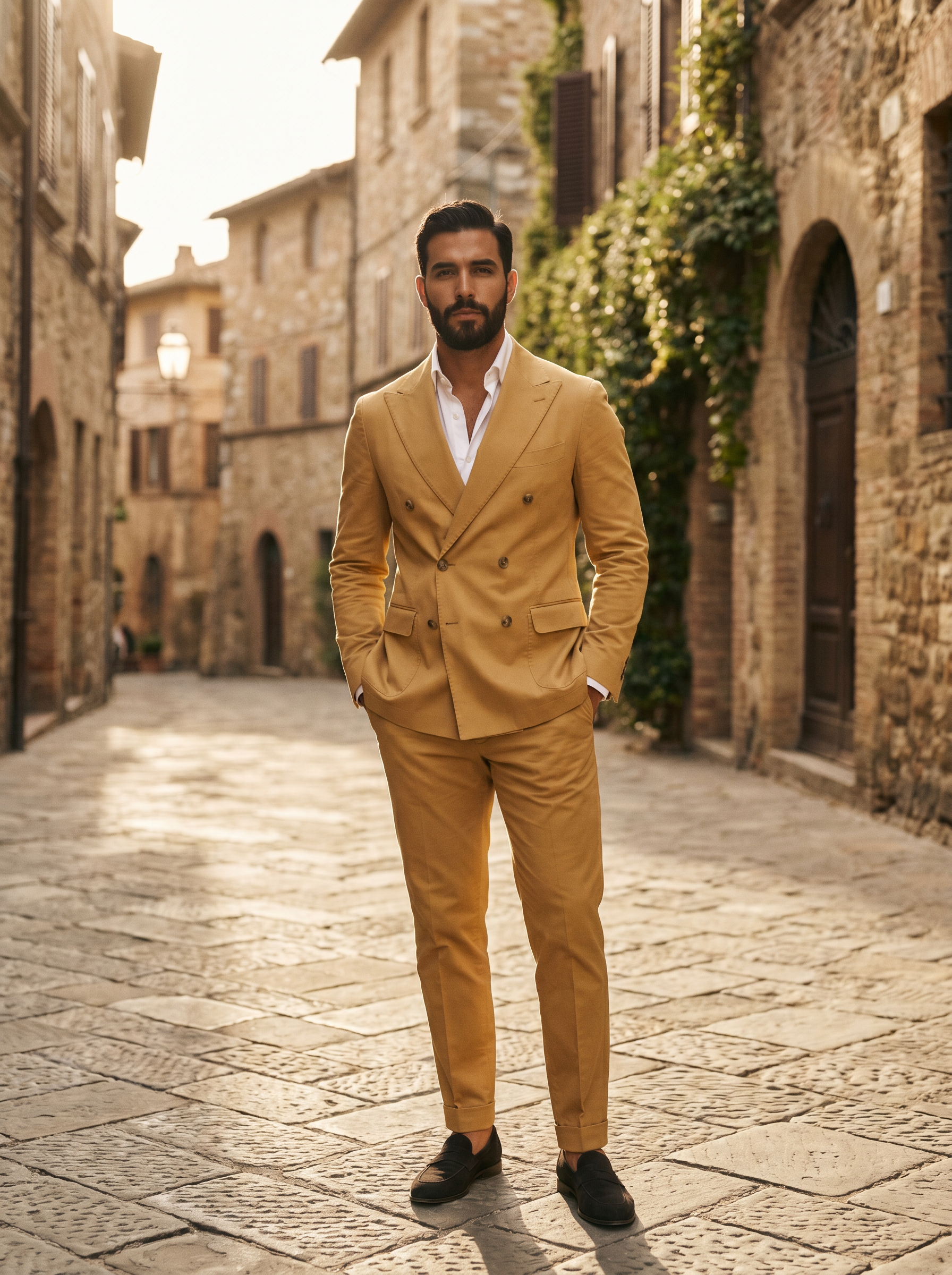 Gold Cotton Double Breasted Suit — Custom Made to Measure - front view