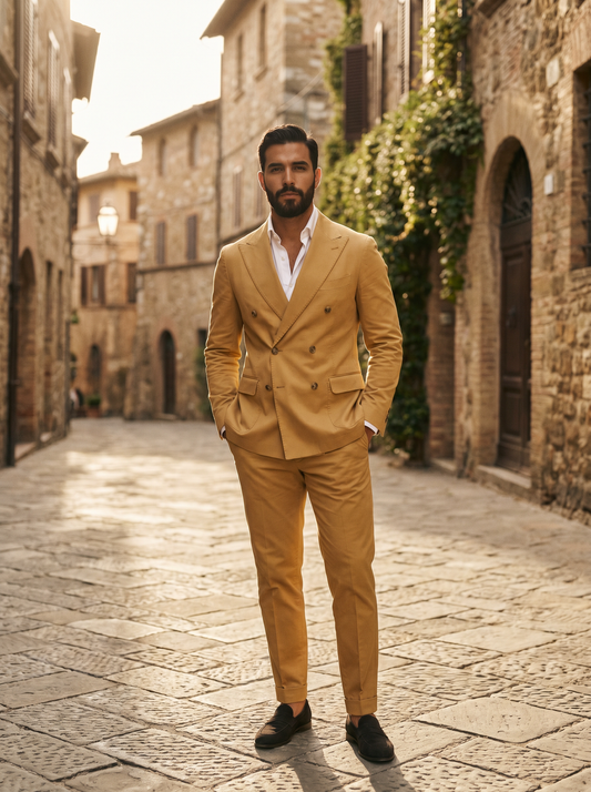 Gold Cotton Double Breasted Suit — Custom Made to Measure - front view
